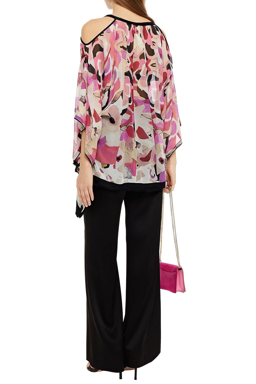 ROBERTO CAVALLI Cold-shoulder tie-front printed silk-crepe blouse