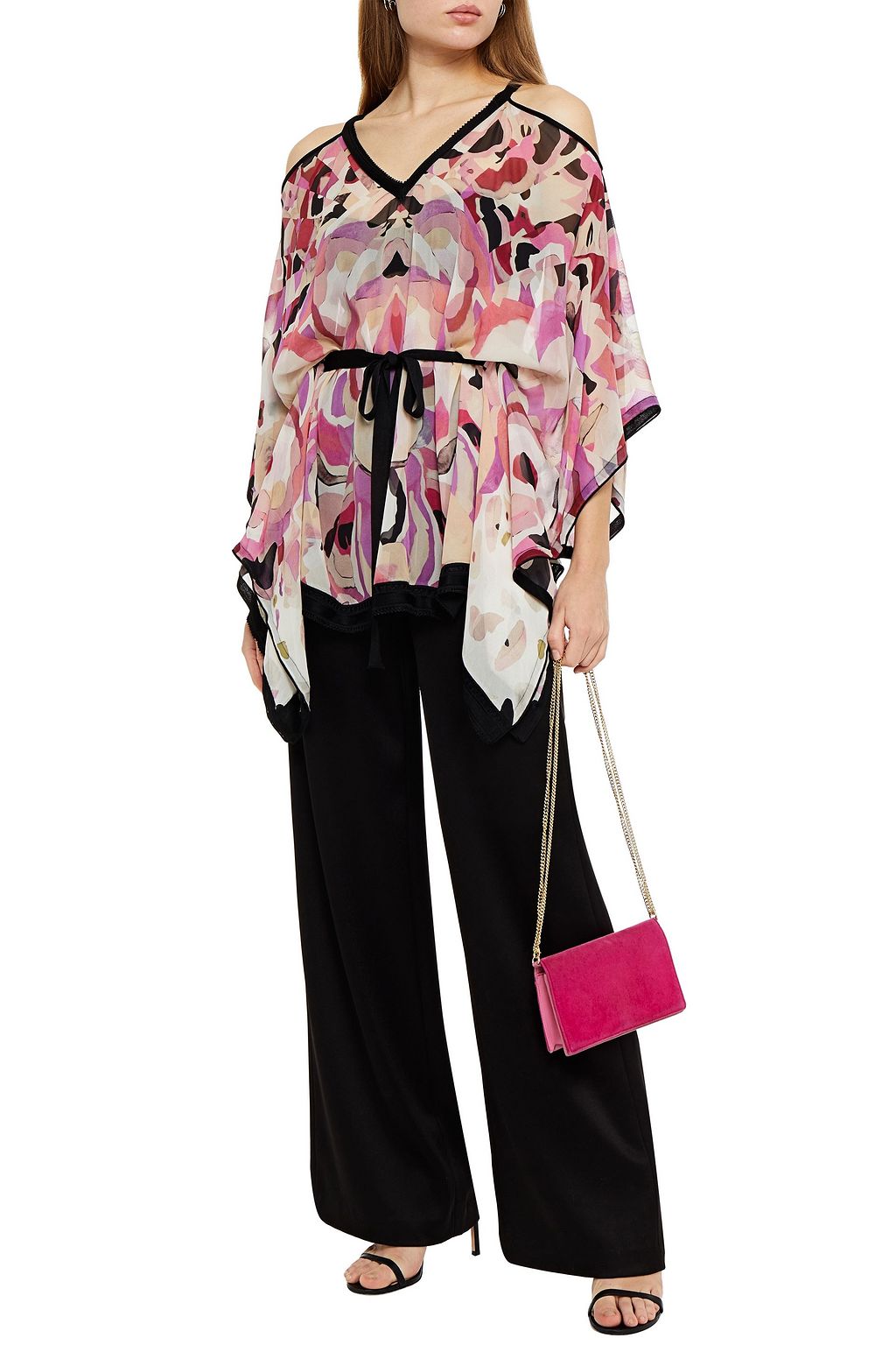 ROBERTO CAVALLI Cold-shoulder tie-front printed silk-crepe blouse