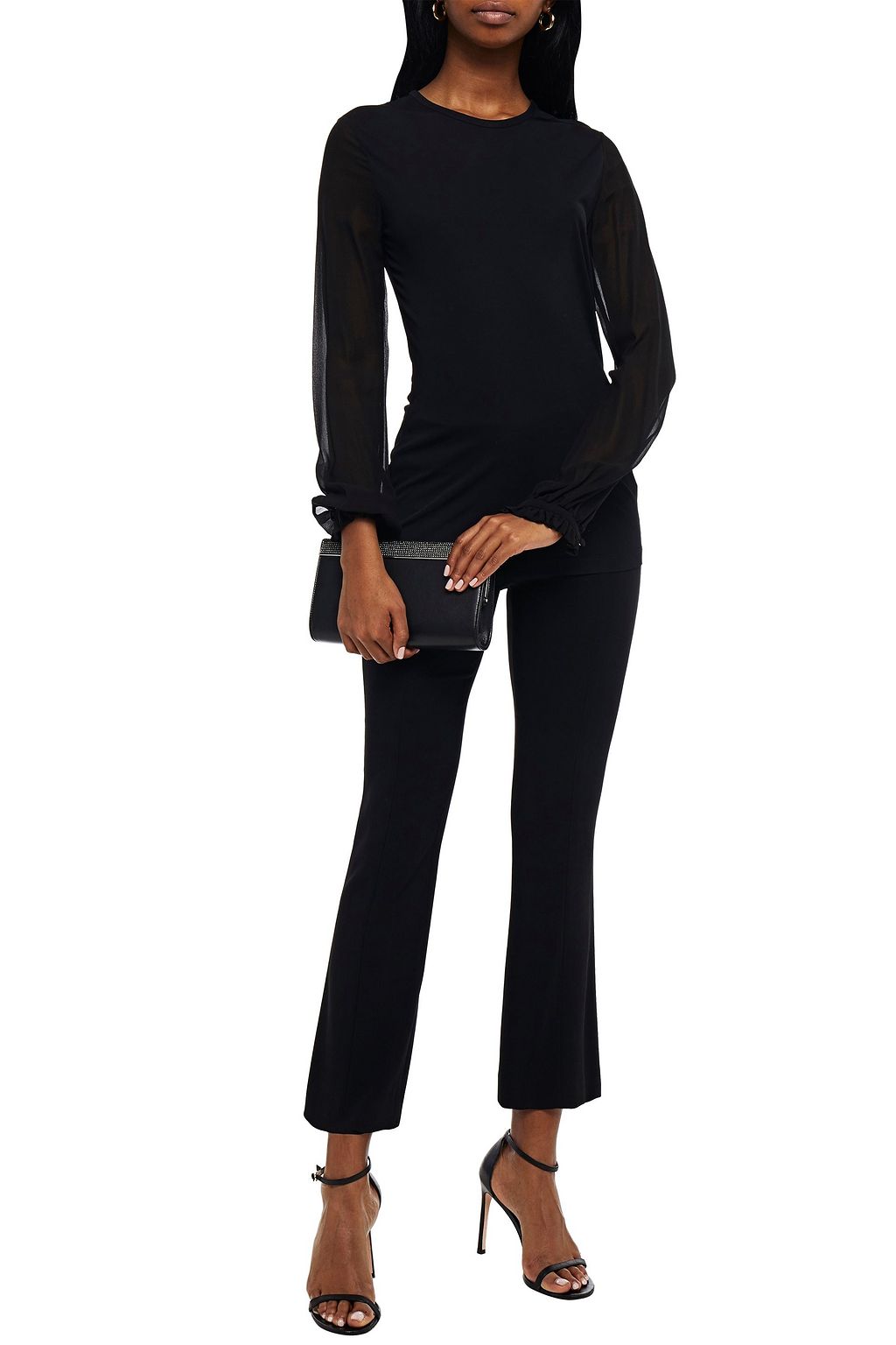 ROBERTO CAVALLI Paneled ruffle-trimmed crepe de chine top
