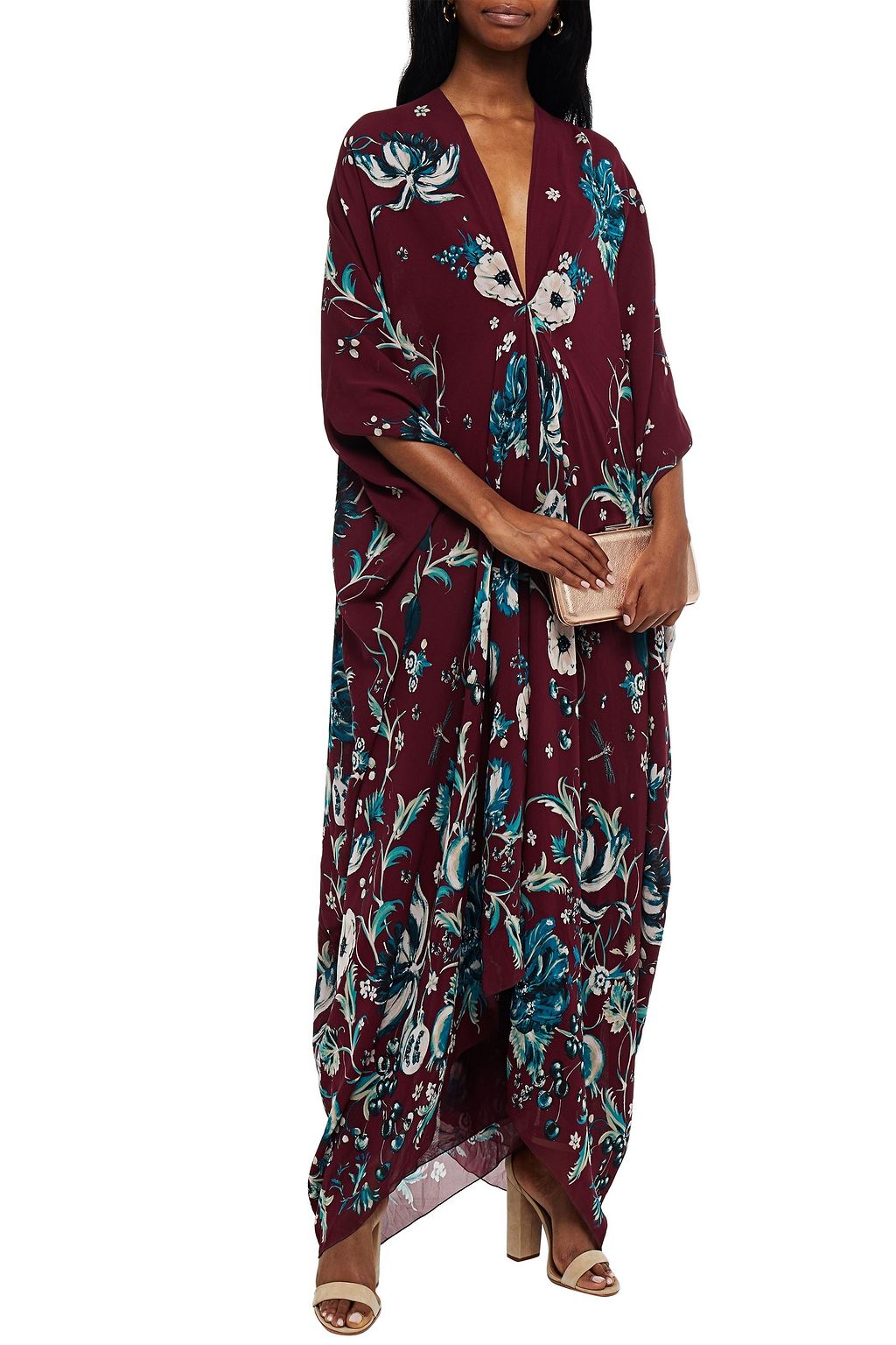 ROBERTO CAVALLI Cutout floral-print silk-georgette kaftan