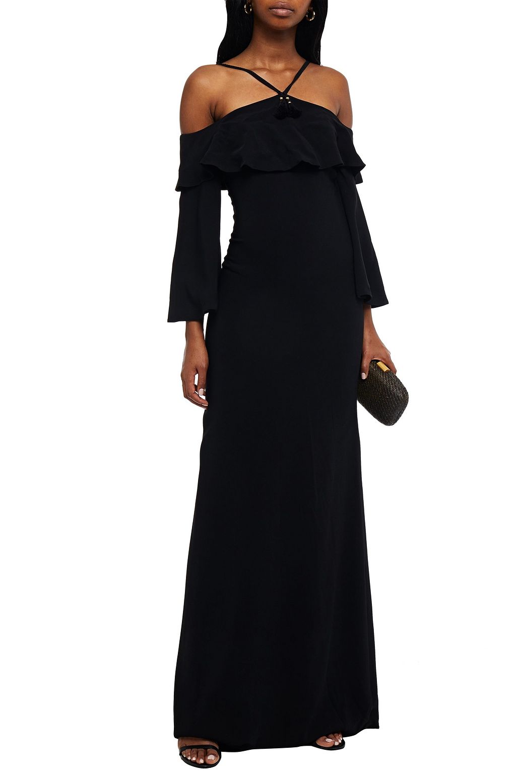 ROBERTO CAVALLI Cold-shoulder ruffle-trimmed crepe gown