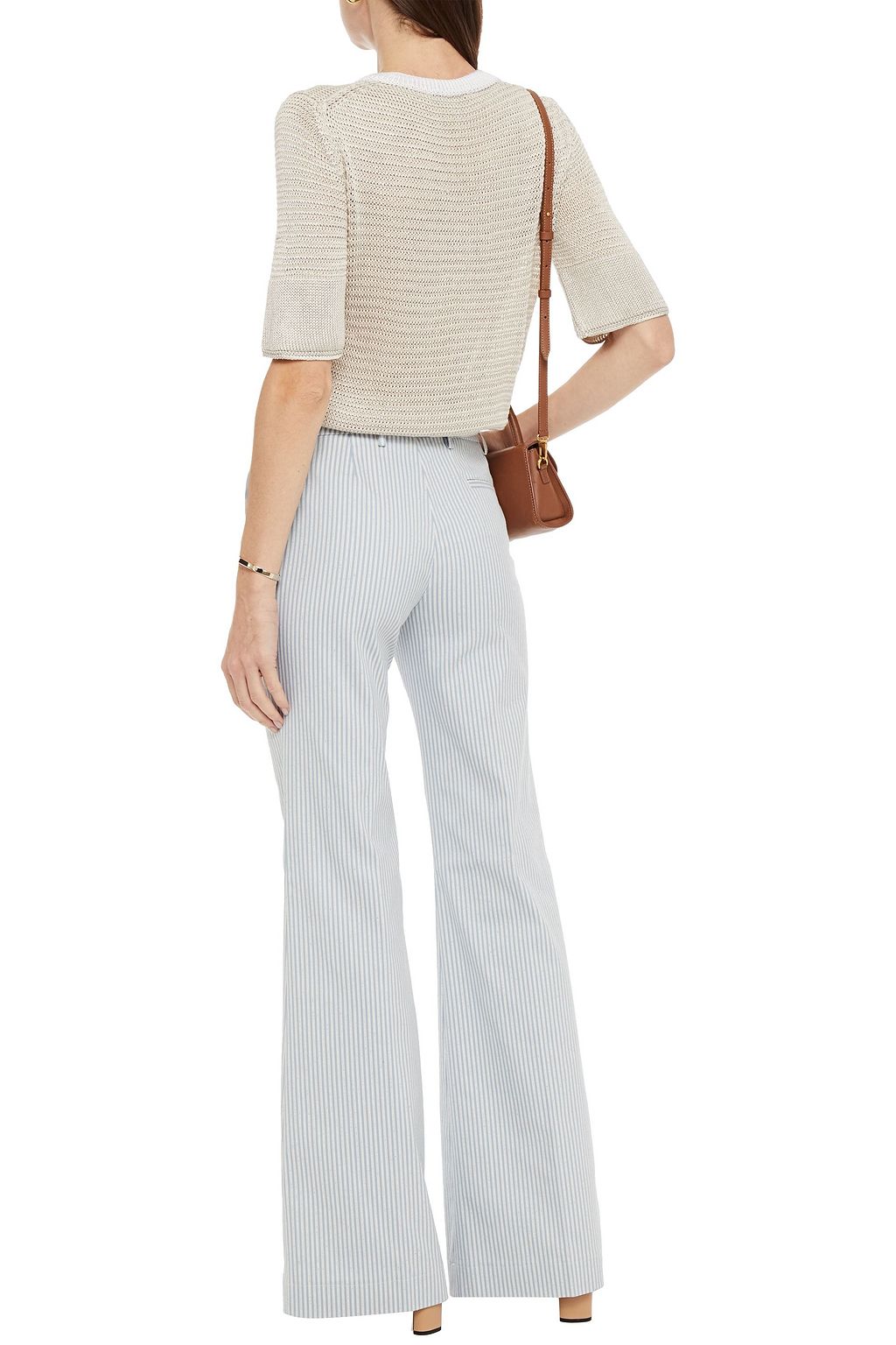 PIAZZA SEMPIONE Bouclè-trimmed striped cotton-blend gabardine flared pants