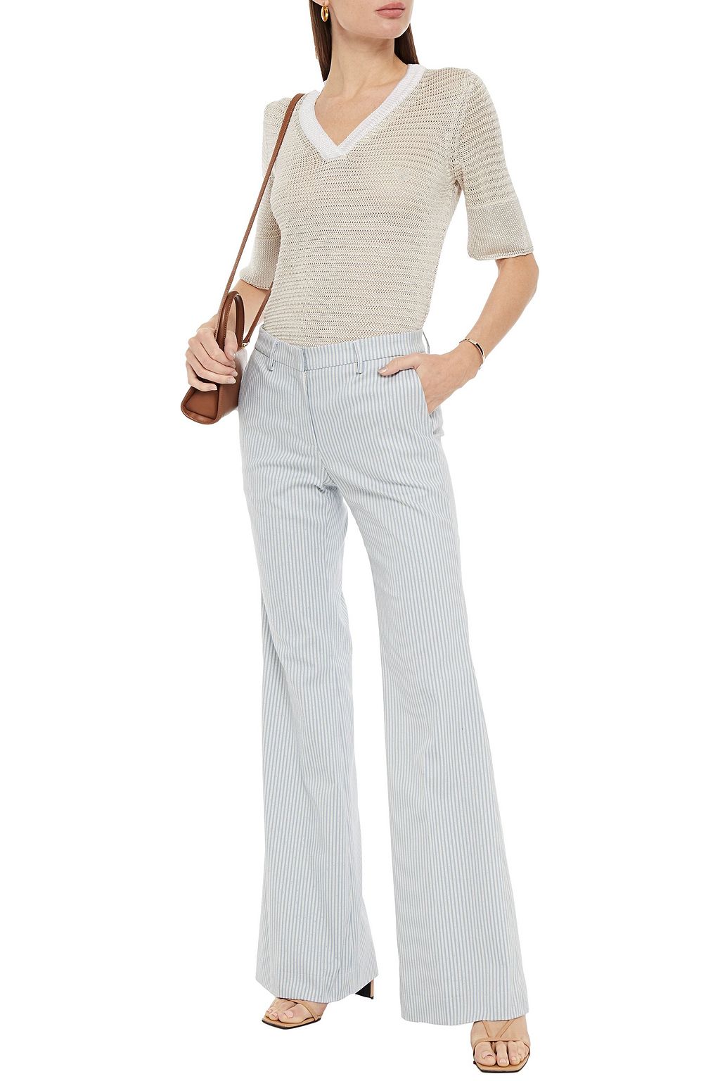PIAZZA SEMPIONE Bouclè-trimmed striped cotton-blend gabardine flared pants
