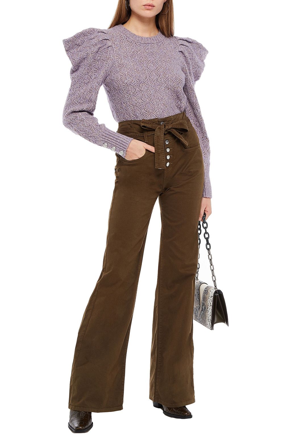 VERONICA BEARD Belted stretch-cotton twill flared pants