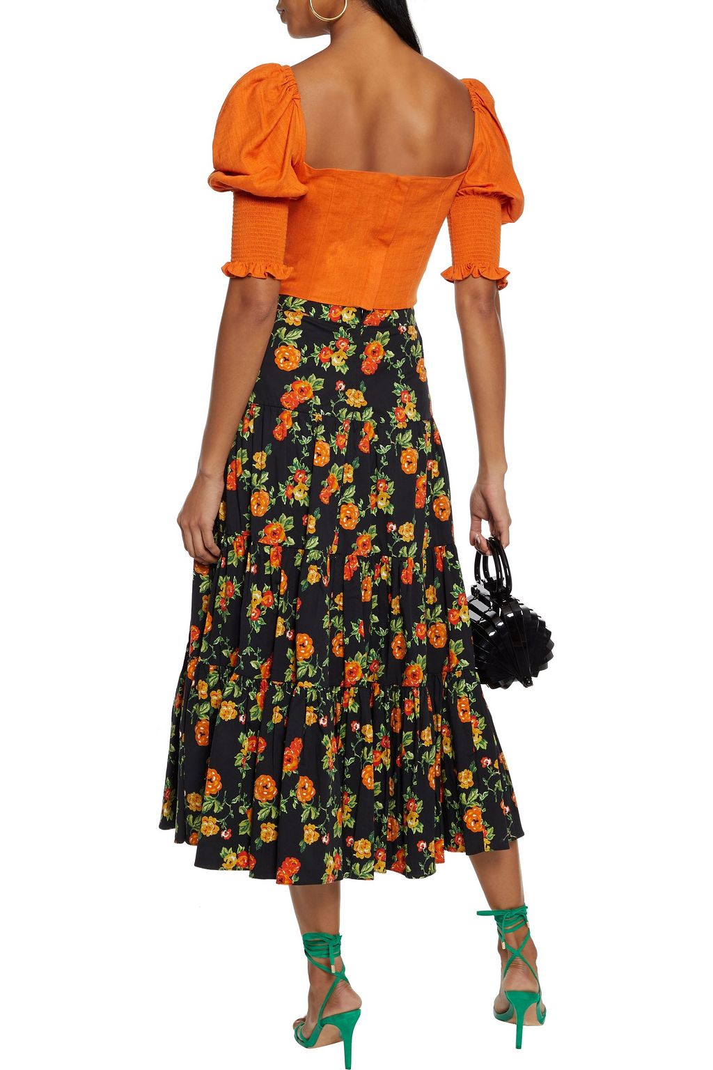 CAROLINE CONSTAS Gathered floral-print cotton-blend poplin midi skirt