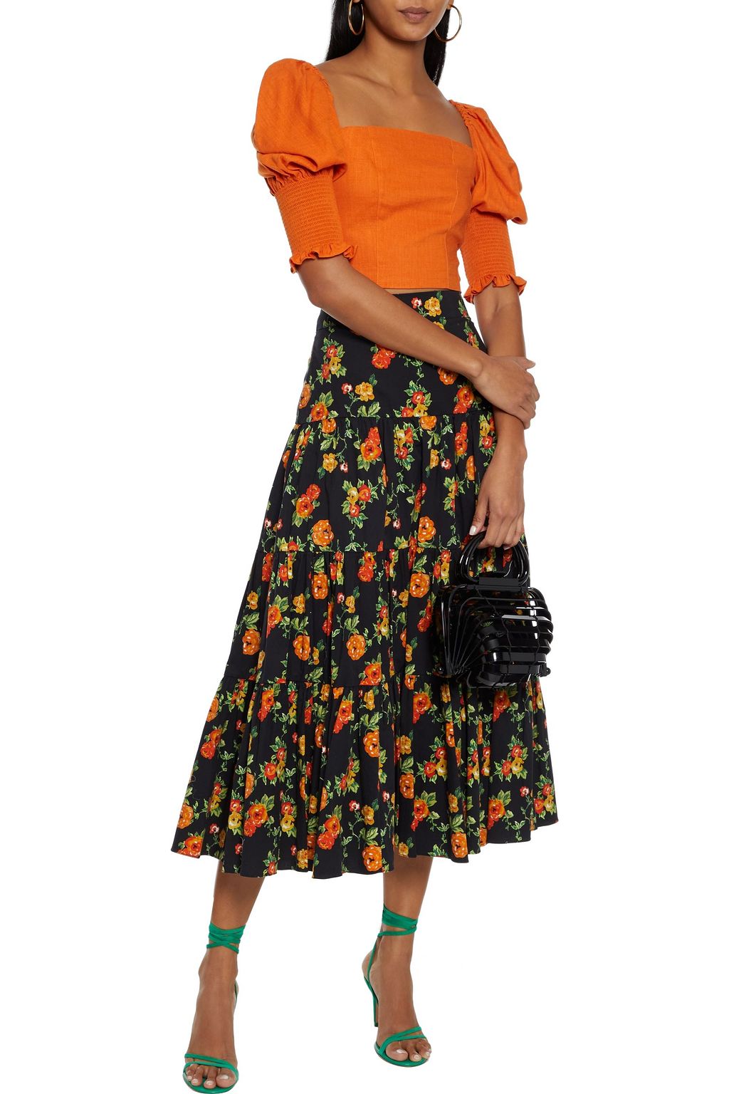 CAROLINE CONSTAS Gathered floral-print cotton-blend poplin midi skirt