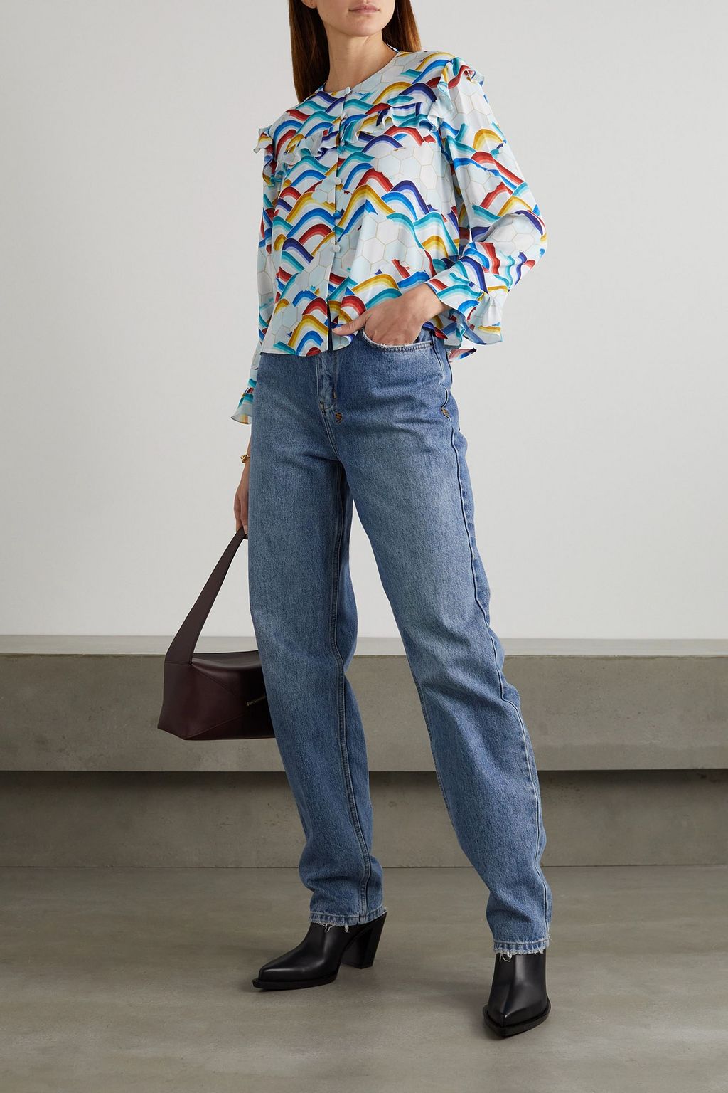BELLA FREUD Rainbow Cloud ruffled printed crepe de chine blouse