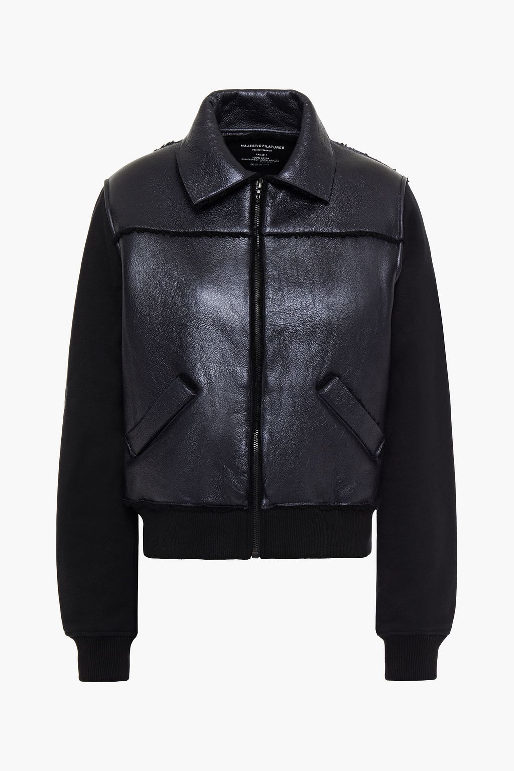 Navy Fleece-paneled shearling-trimmed metallic textured-leather bomber ...