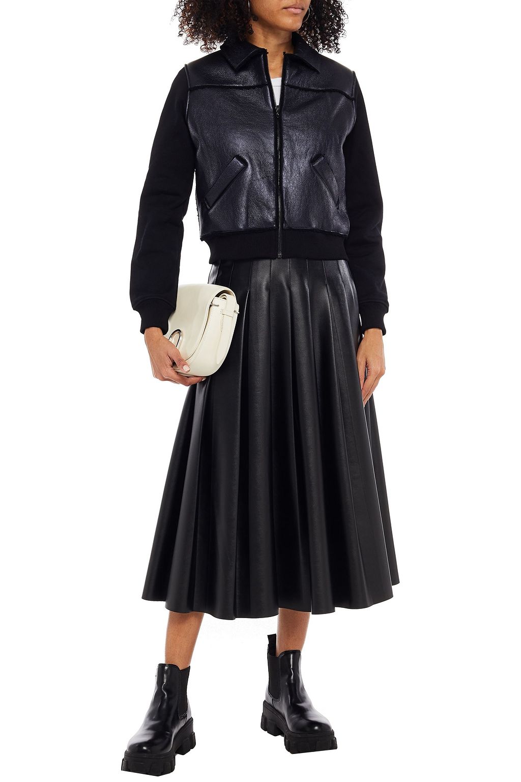 MAJESTIC FILATURES Fleece-paneled shearling-trimmed metallic textured-leather bomber jacket