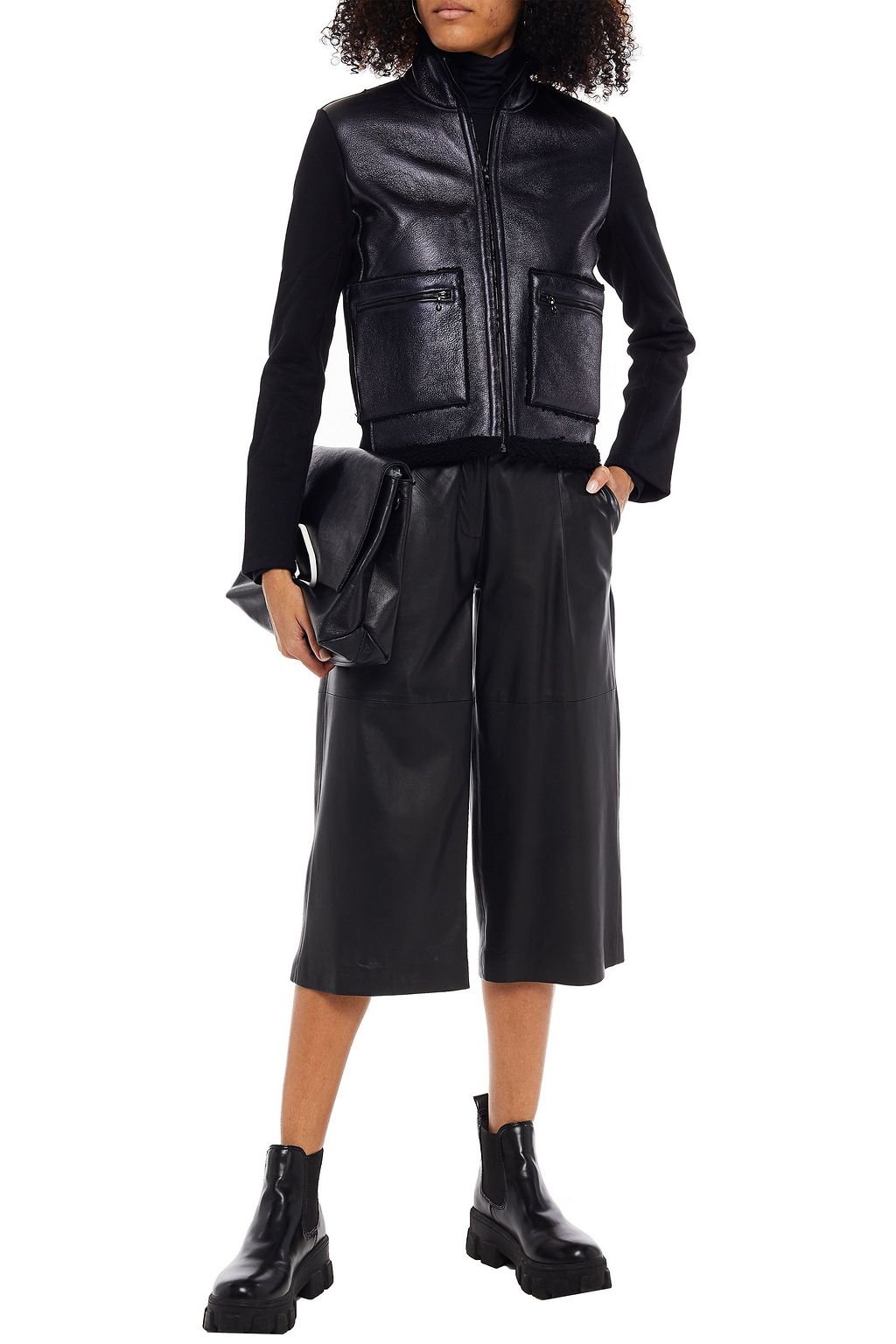 MAJESTIC FILATURES Fleece-paneled textured-leather jacket