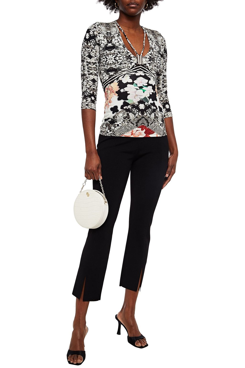 ROBERTO CAVALLI Cutout floral-print stretch-jersey top