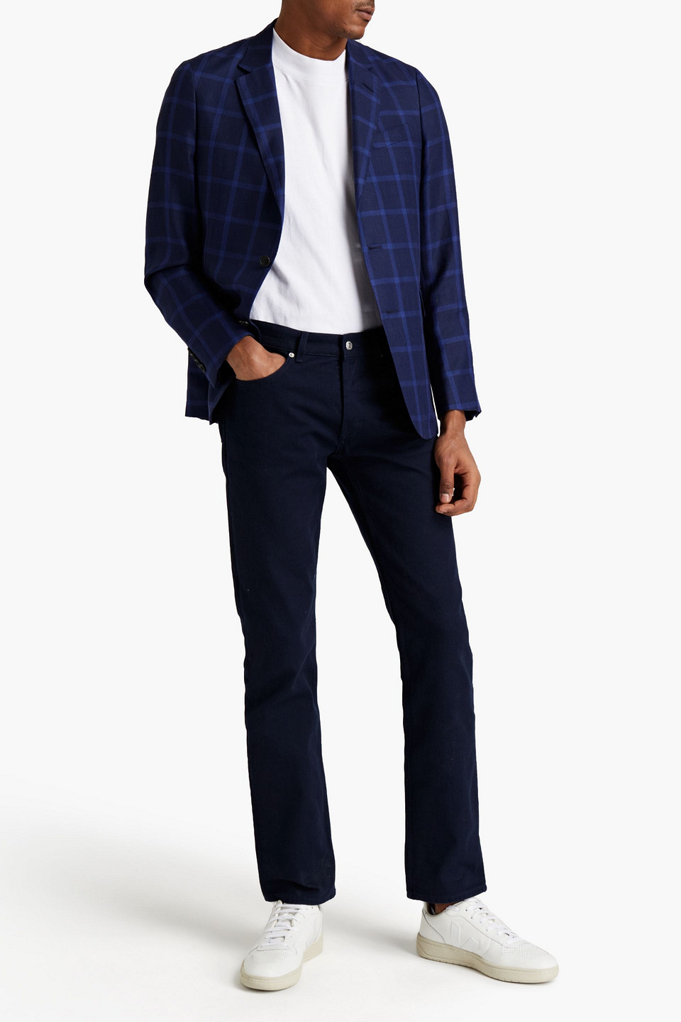 Dunhill Slim-fit Checked Wool, Linen And Silk-blend Blazer In Navy