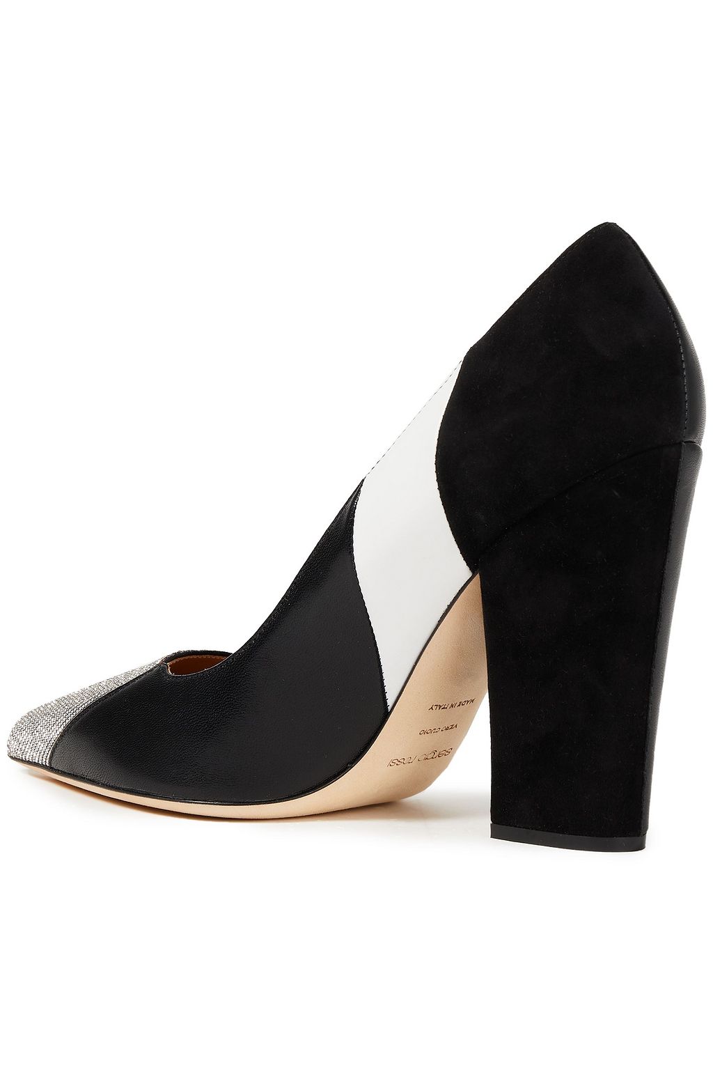 SERGIO ROSSI Embellished paneled leather and suede pumps