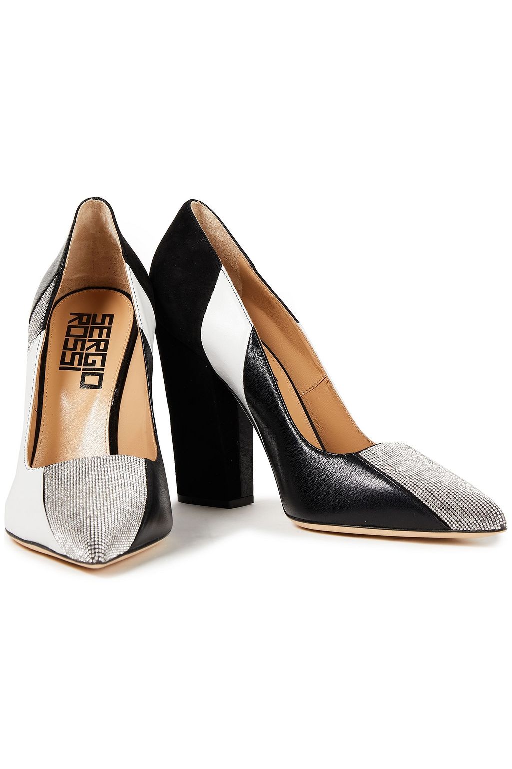 SERGIO ROSSI Embellished paneled leather and suede pumps