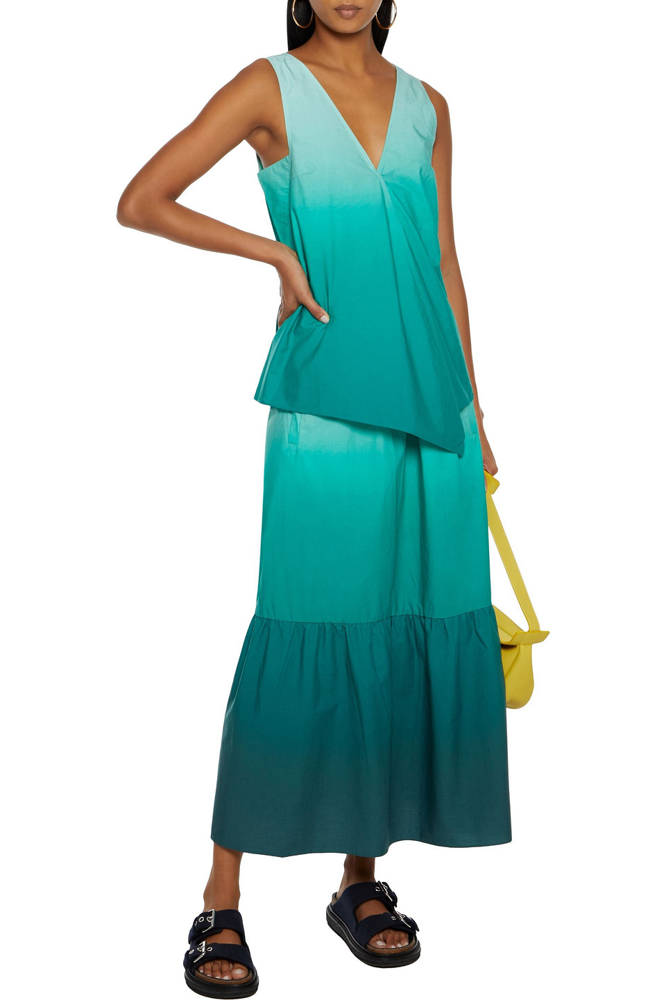 Tibi Gathered Dégradé Cotton-poplin Midi Skirt In Jade