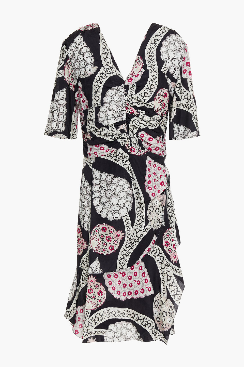 Ruffle-trimmed printed crepe de chine dress