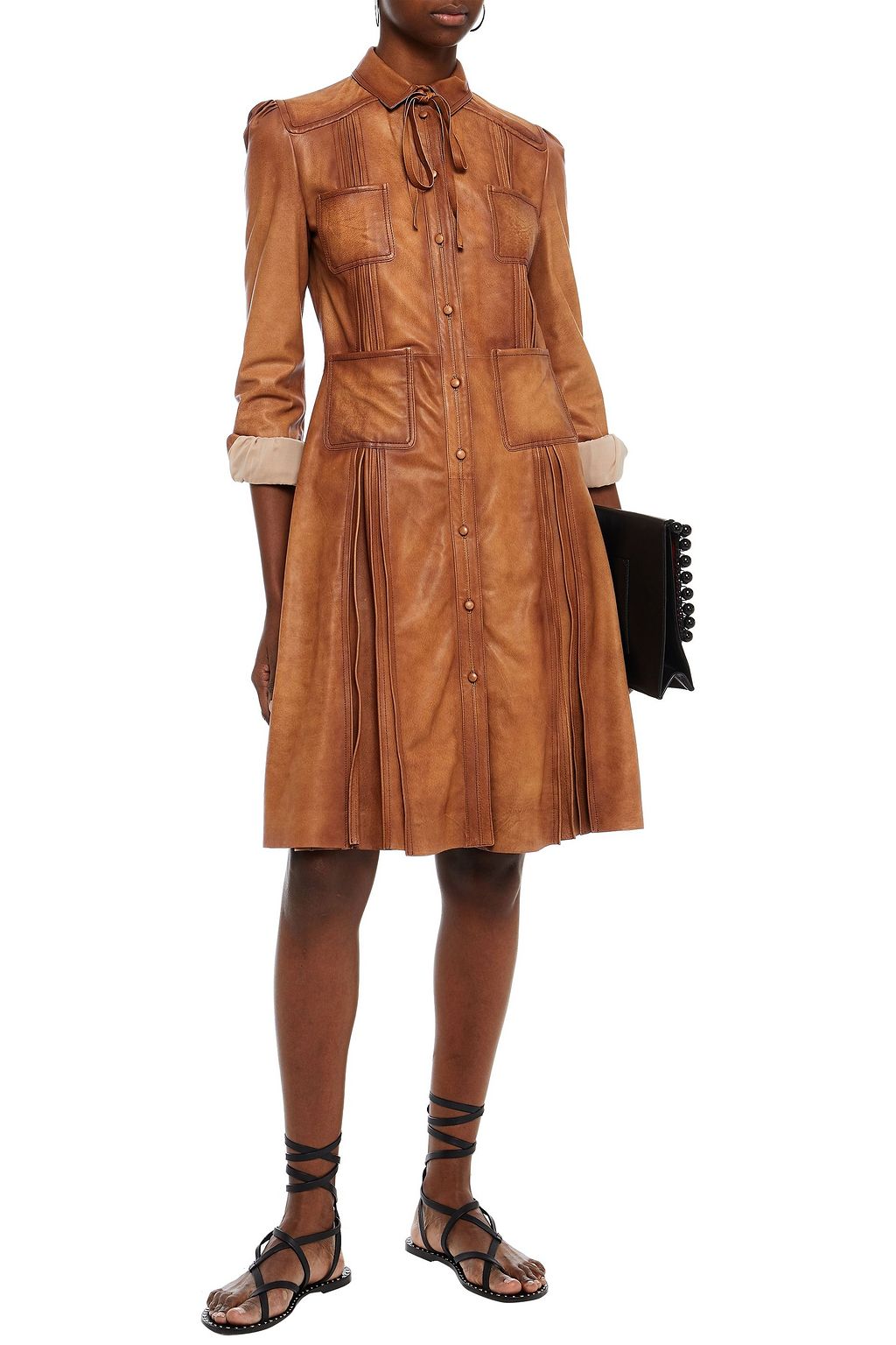 VALENTINO GARAVANI Pussy-bow pleated leather shirt dress