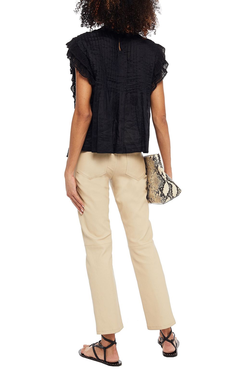 ISABEL MARANT Crocheted lace-paneled ruffled pintucked ramie top