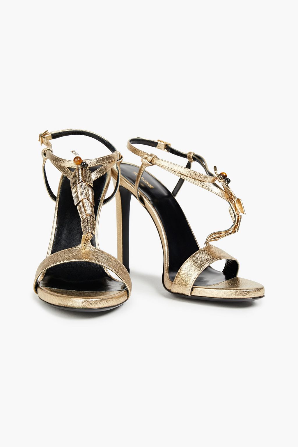 ROBERTO CAVALLI Embellished metallic textured-leather sandals
