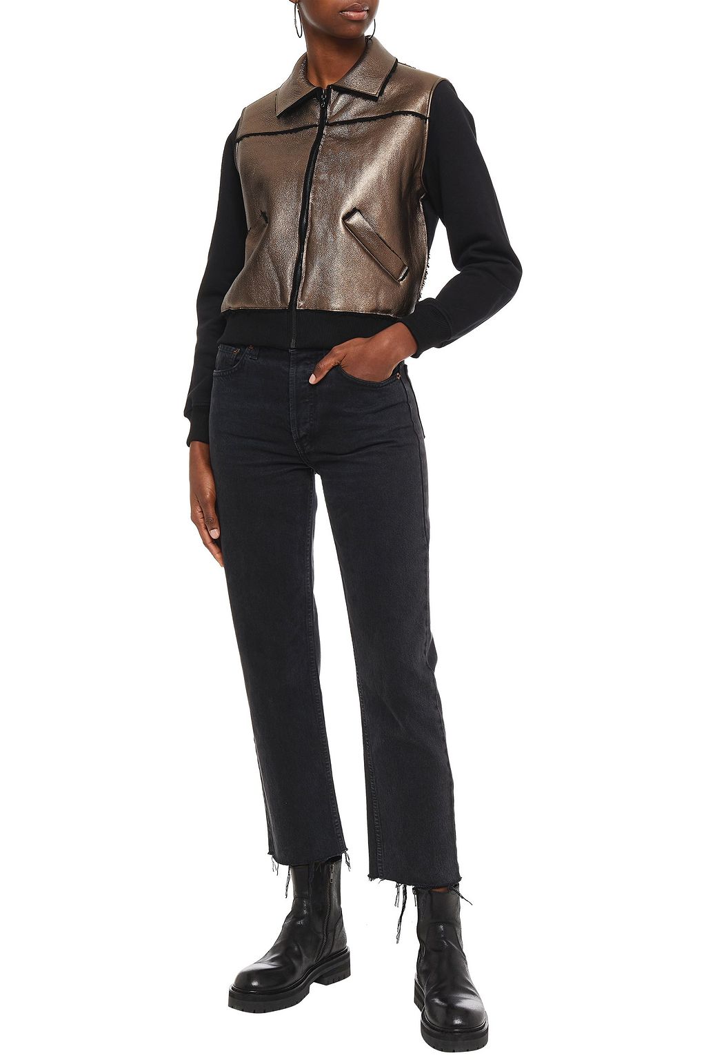 MAJESTIC FILATURES Fleece-paneled shearling-trimmed metallic textured-leather bomber jacket