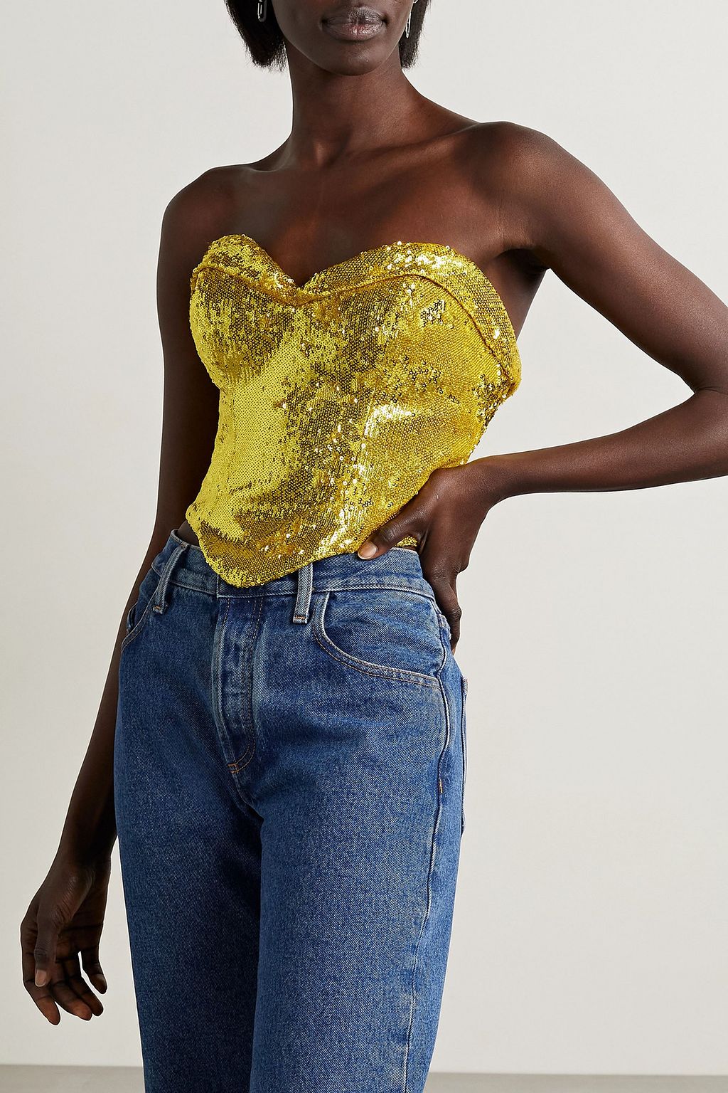 AREA Cropped sequined tulle bustier top