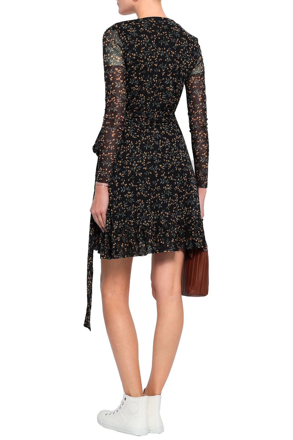 GANNI Floral-print mesh mini wrap dress