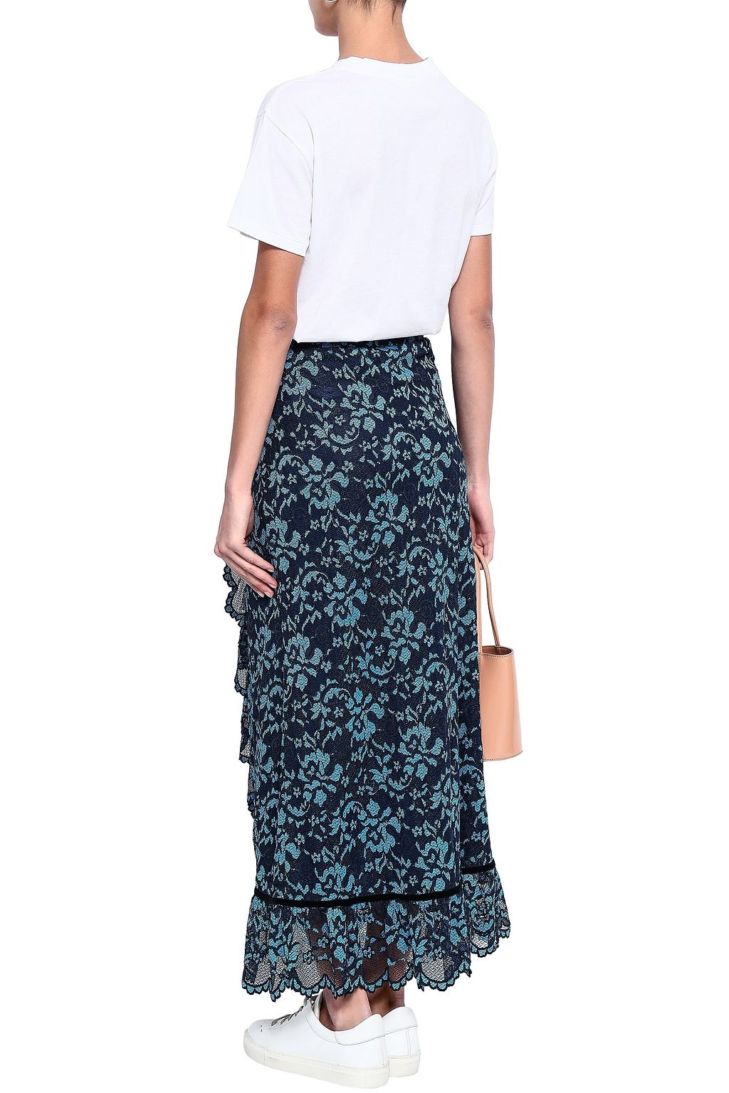 GANNI Flynn ruffled velvet-trimmed lace maxi skirt