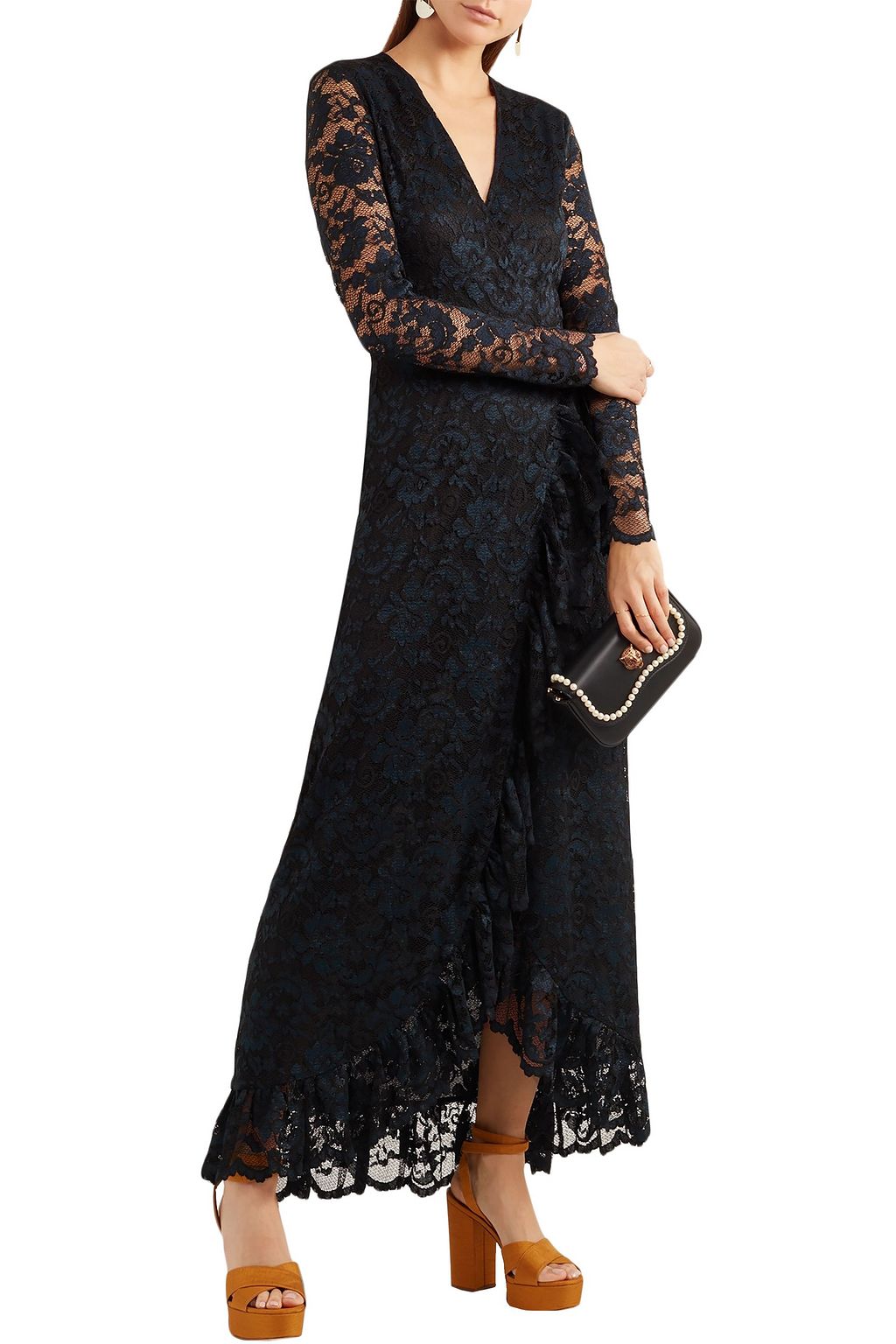 GANNI Flynn ruffle-trimmed lace maxi wrap dress