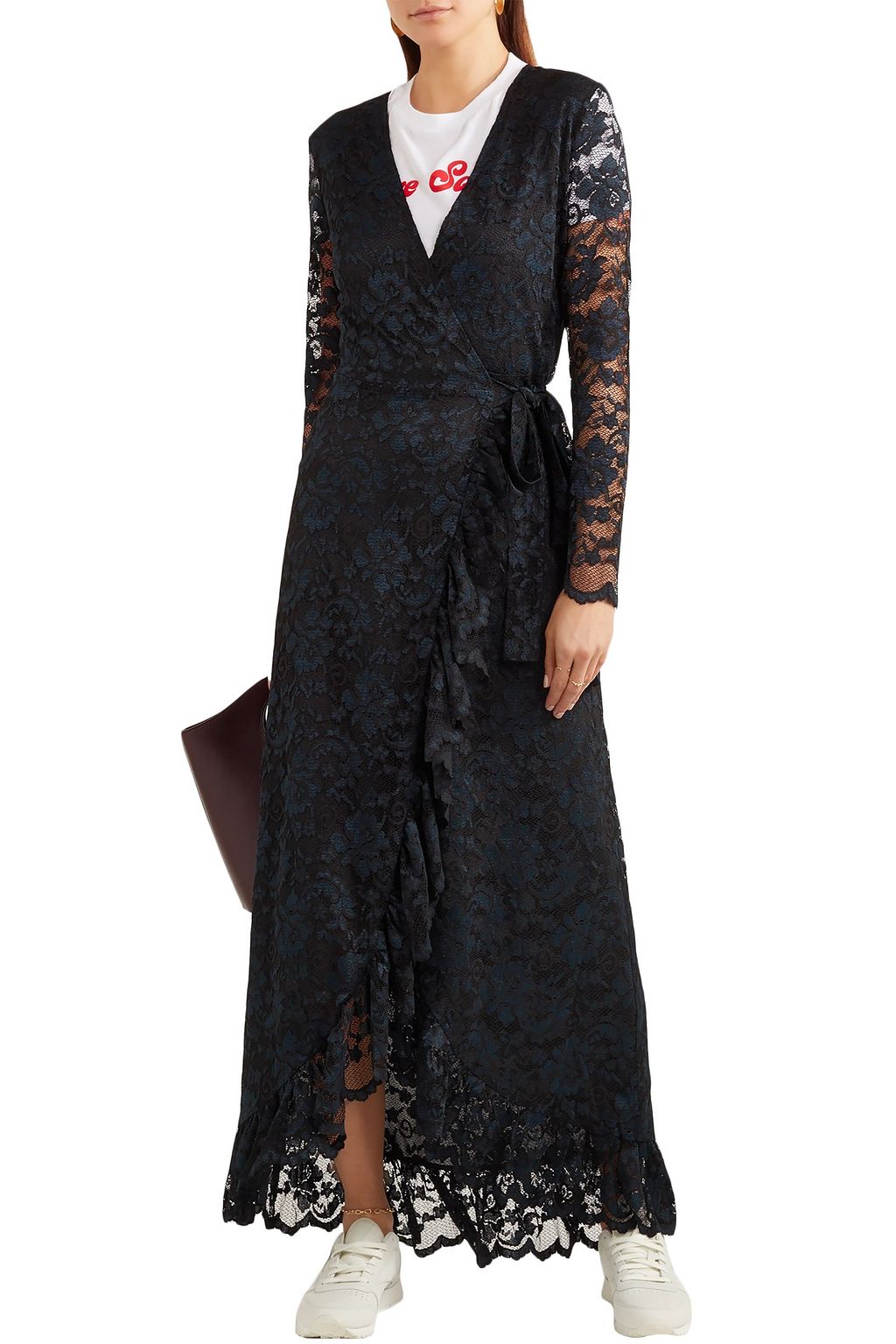 GANNI Flynn ruffle-trimmed lace maxi wrap dress