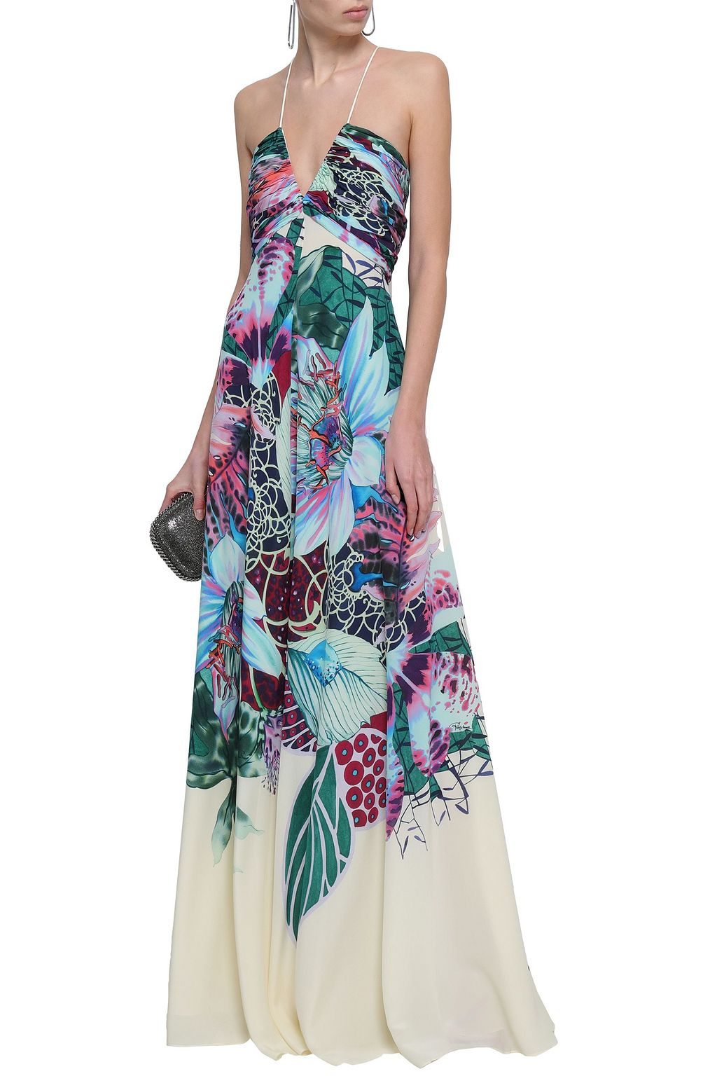 ROBERTO CAVALLI Gathered printed silk crepe de chine gown
