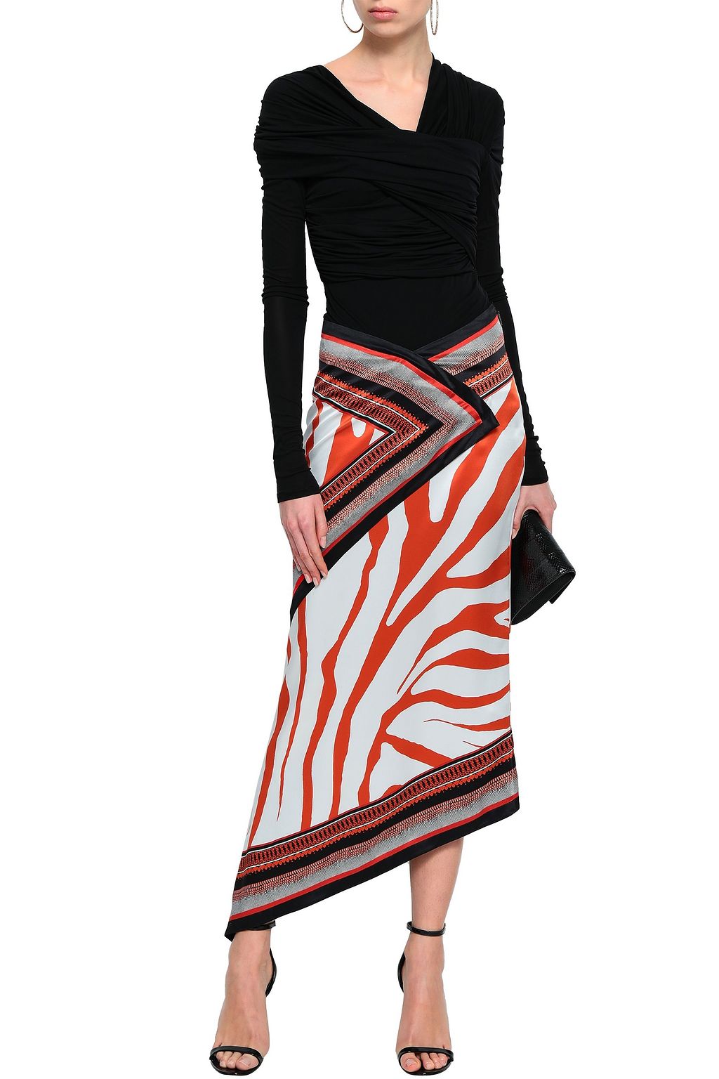 ROBERTO CAVALLI Asymmetric printed silk-satin midi skirt