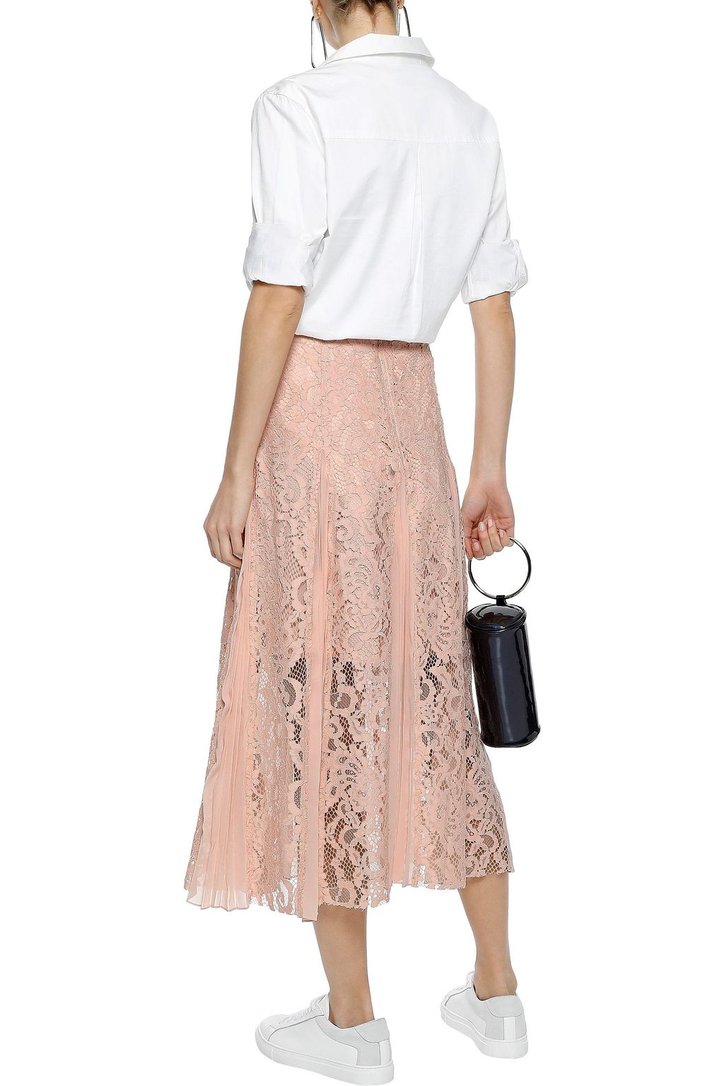 SANDRO Polina pleated crepe de chine-paneled lace midi skirt