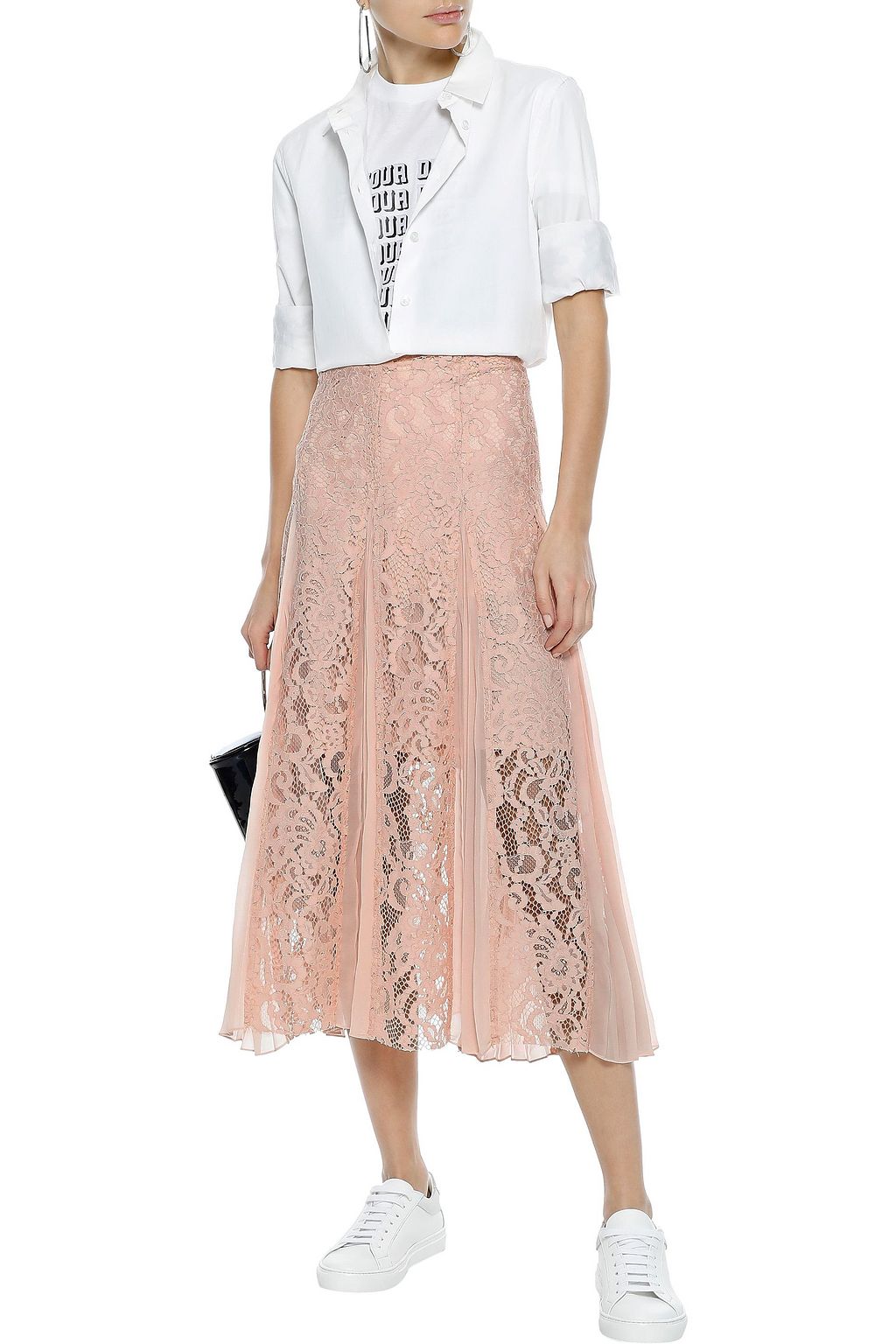 SANDRO Polina pleated crepe de chine-paneled lace midi skirt