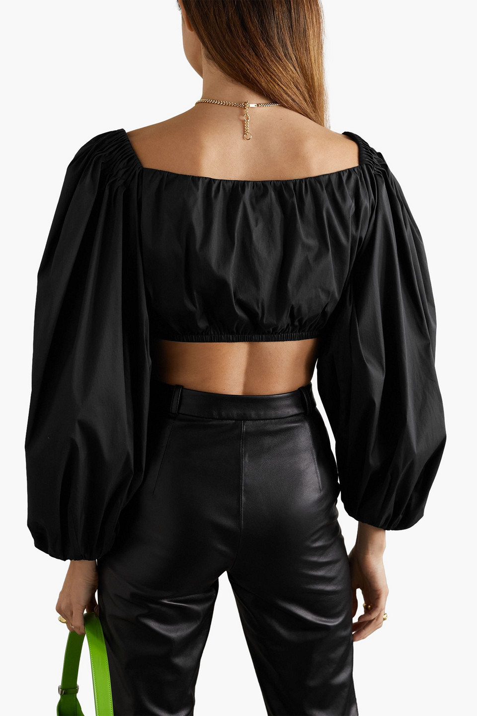 Shop Zeynep Arcay Cropped Gathered Cotton-blend Poplin Top In Black