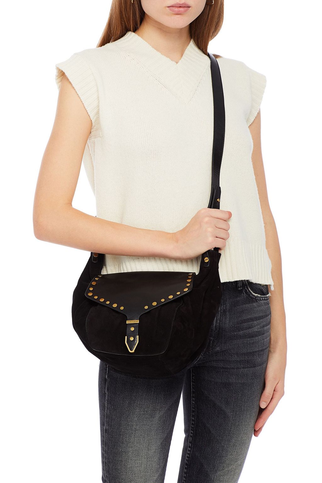 ISABEL MARANT Schultertasche aus Leder und Veloursleder mit Nieten und Schnalle