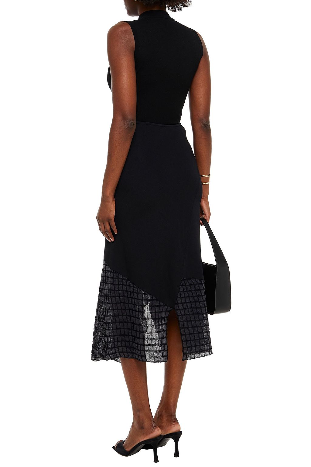 ROLAND MOURET Loda asymmetric crochet-paneled ribbed jersey midi skirt