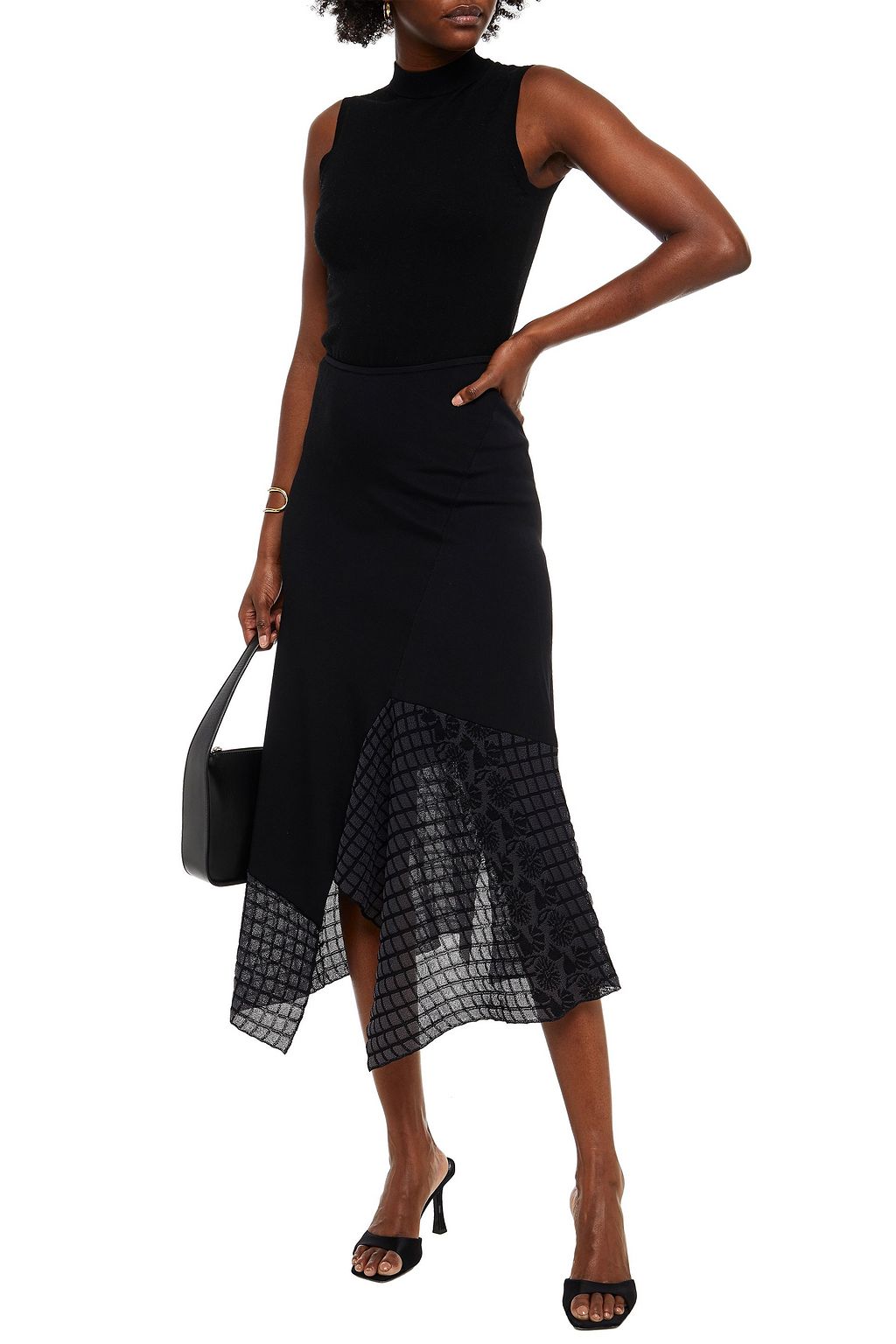 ROLAND MOURET Loda asymmetric crochet-paneled ribbed jersey midi skirt