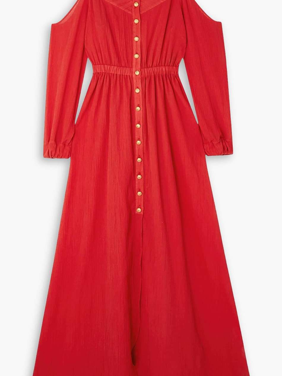 cold-shoulder cotton-seersucker maxi dress