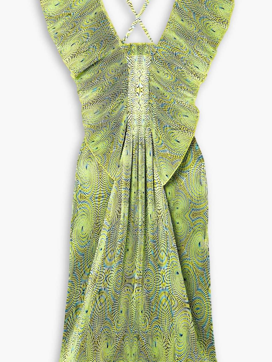 ruffled printed plissé-satin midi dress