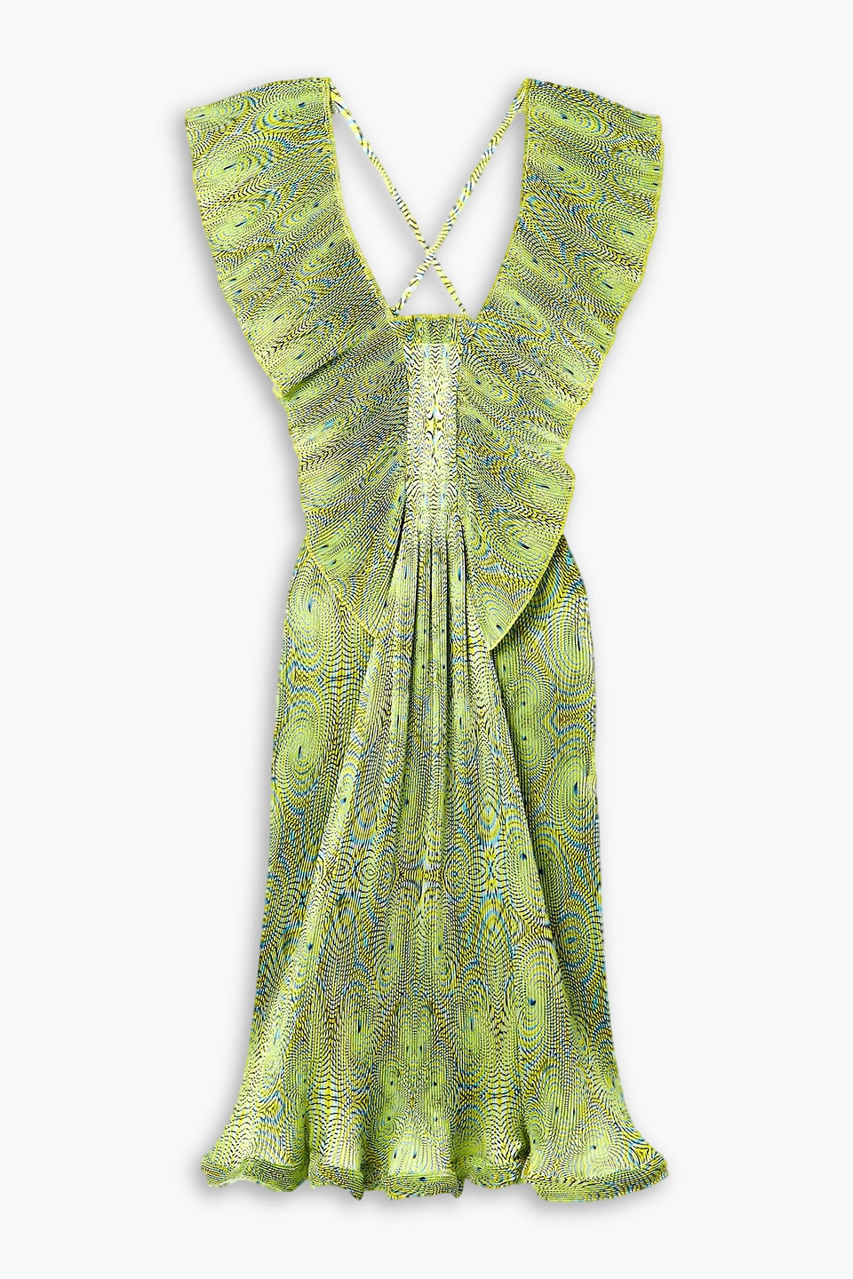 Stella Mccartney Ruffled Printed Plissé-satin Midi Dress In Lime Green