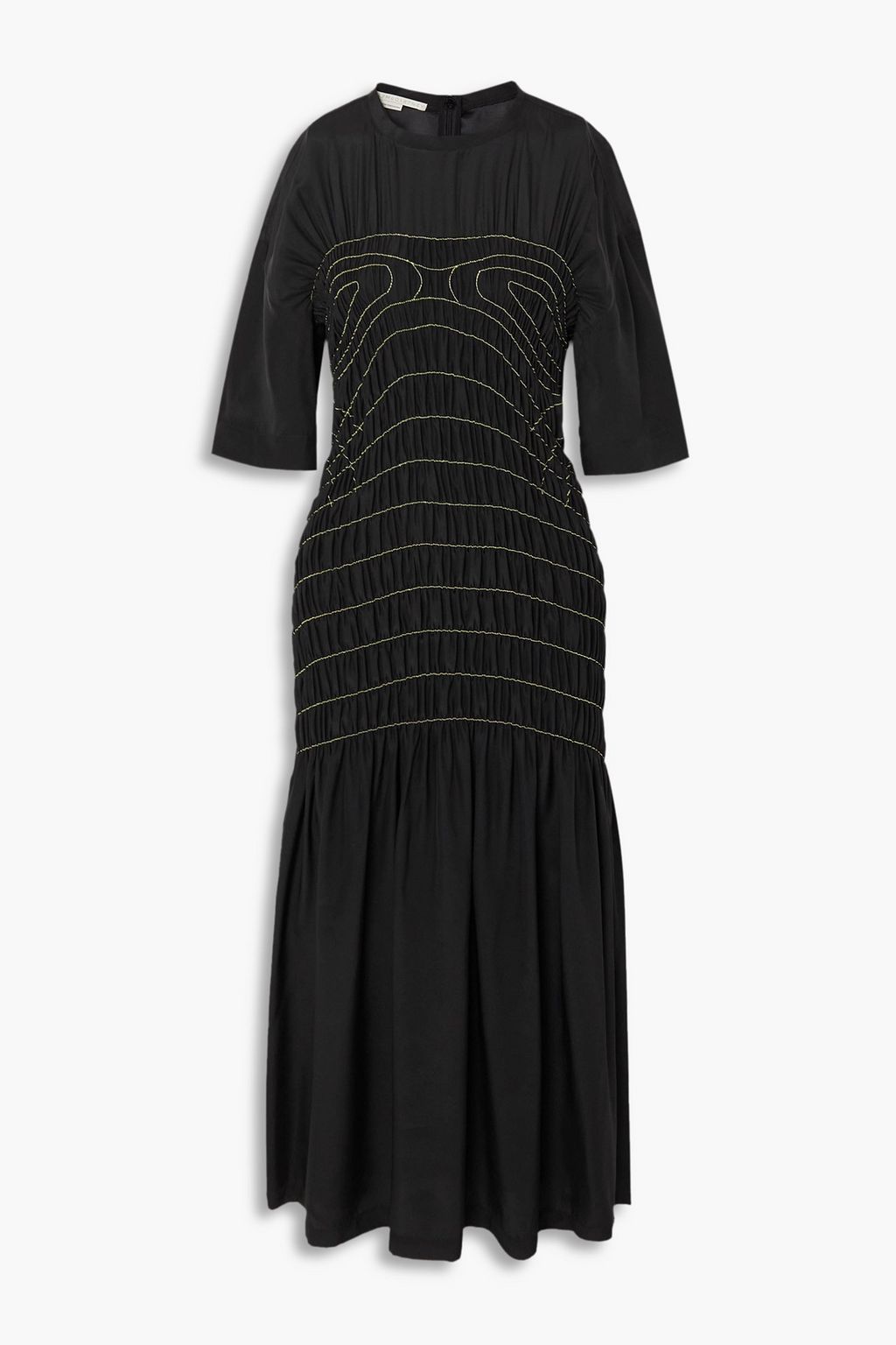 Smocked striped silk satin midi dress