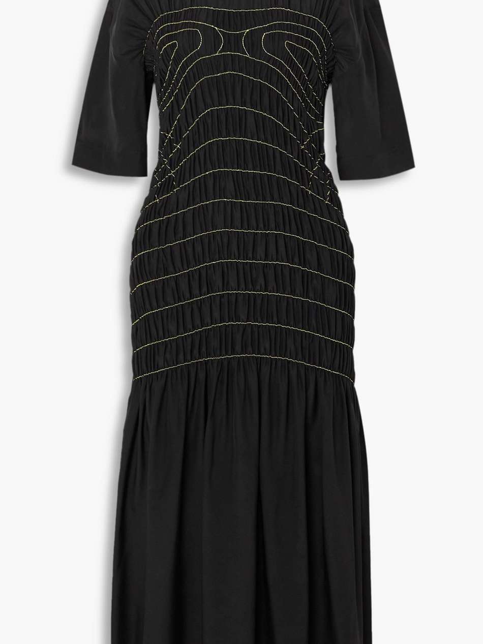 smocked striped silk-satin midi dress