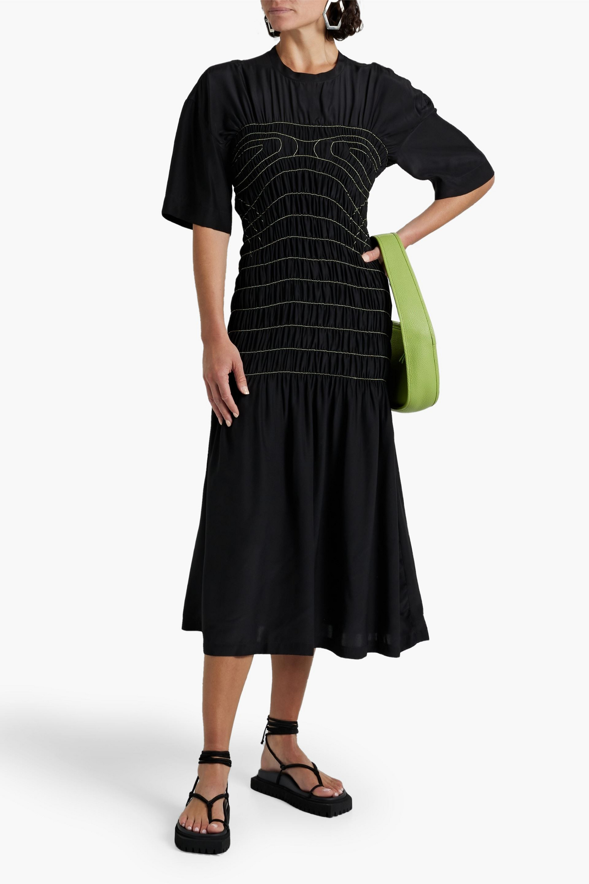 Stella McCartney Smocked striped silk-satin midi dress