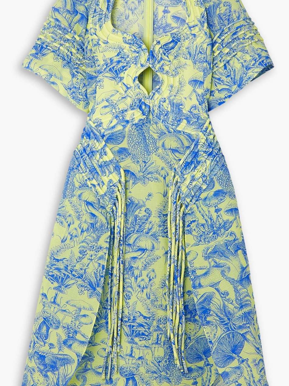 fringed cutout printed silk and cotton-blend midi dress