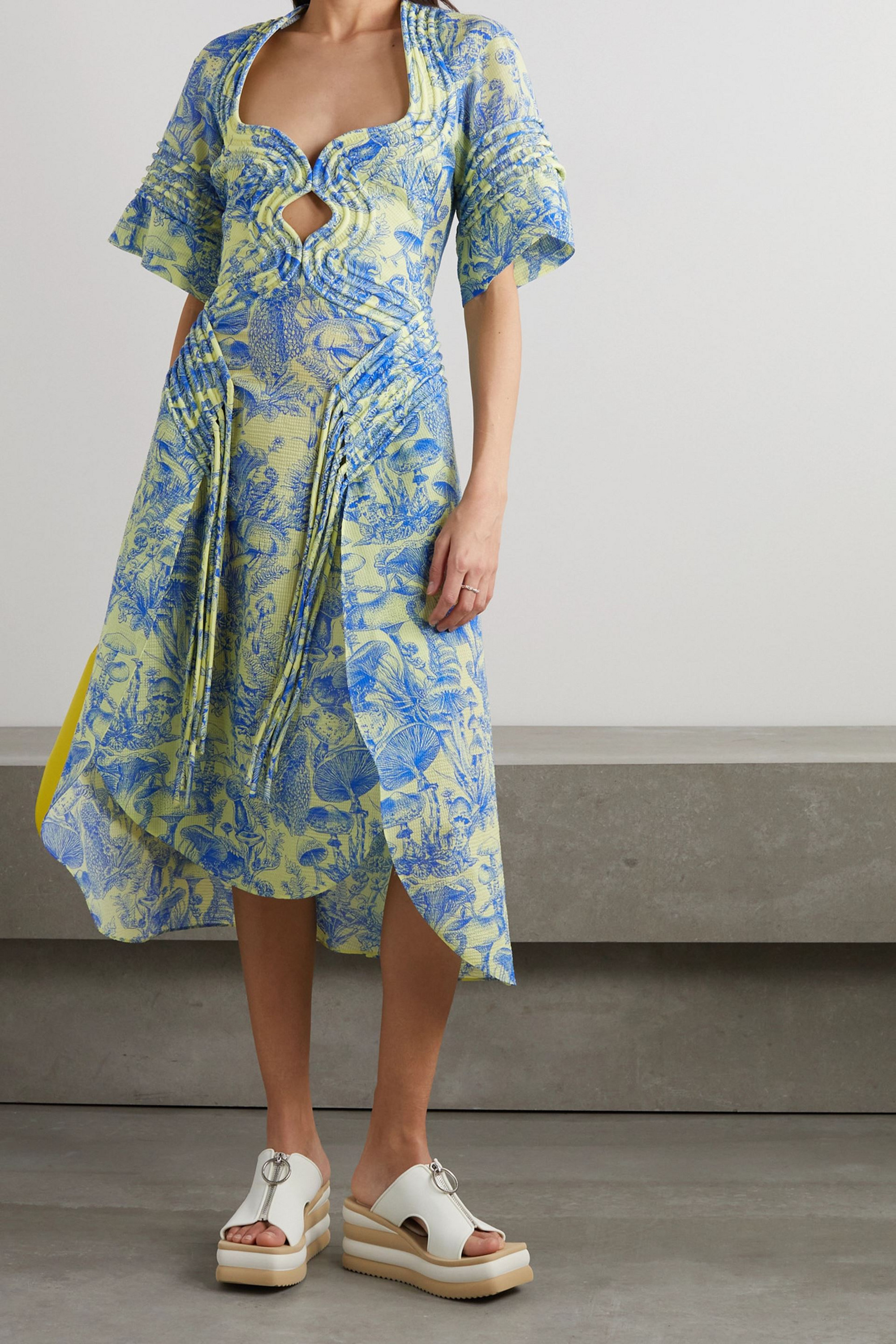 Stella McCartney Fringed cutout printed silk and cotton-blend midi dress