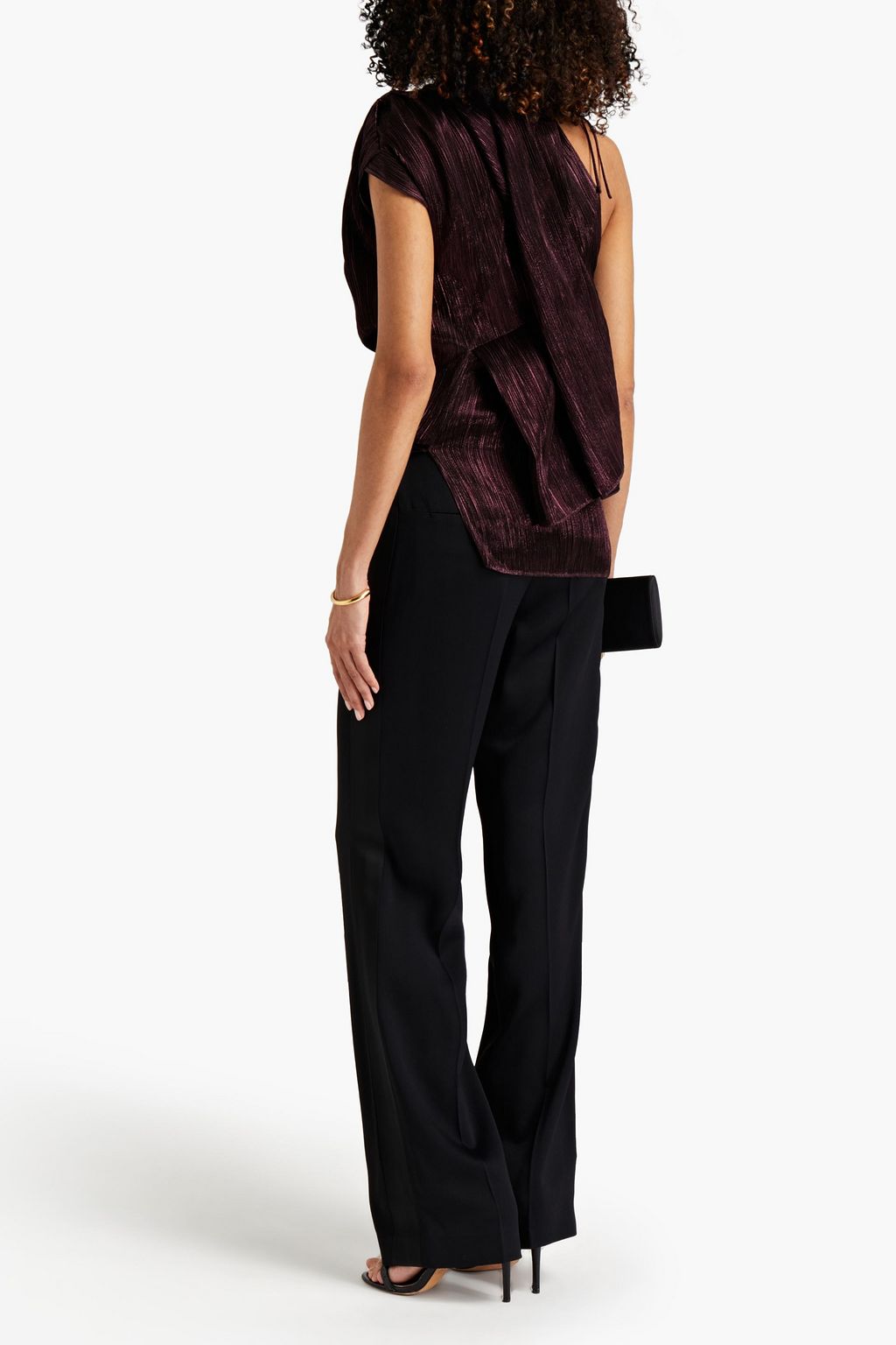 ROLAND MOURET Lyan one-shoulder metallic plissé silk-blend top