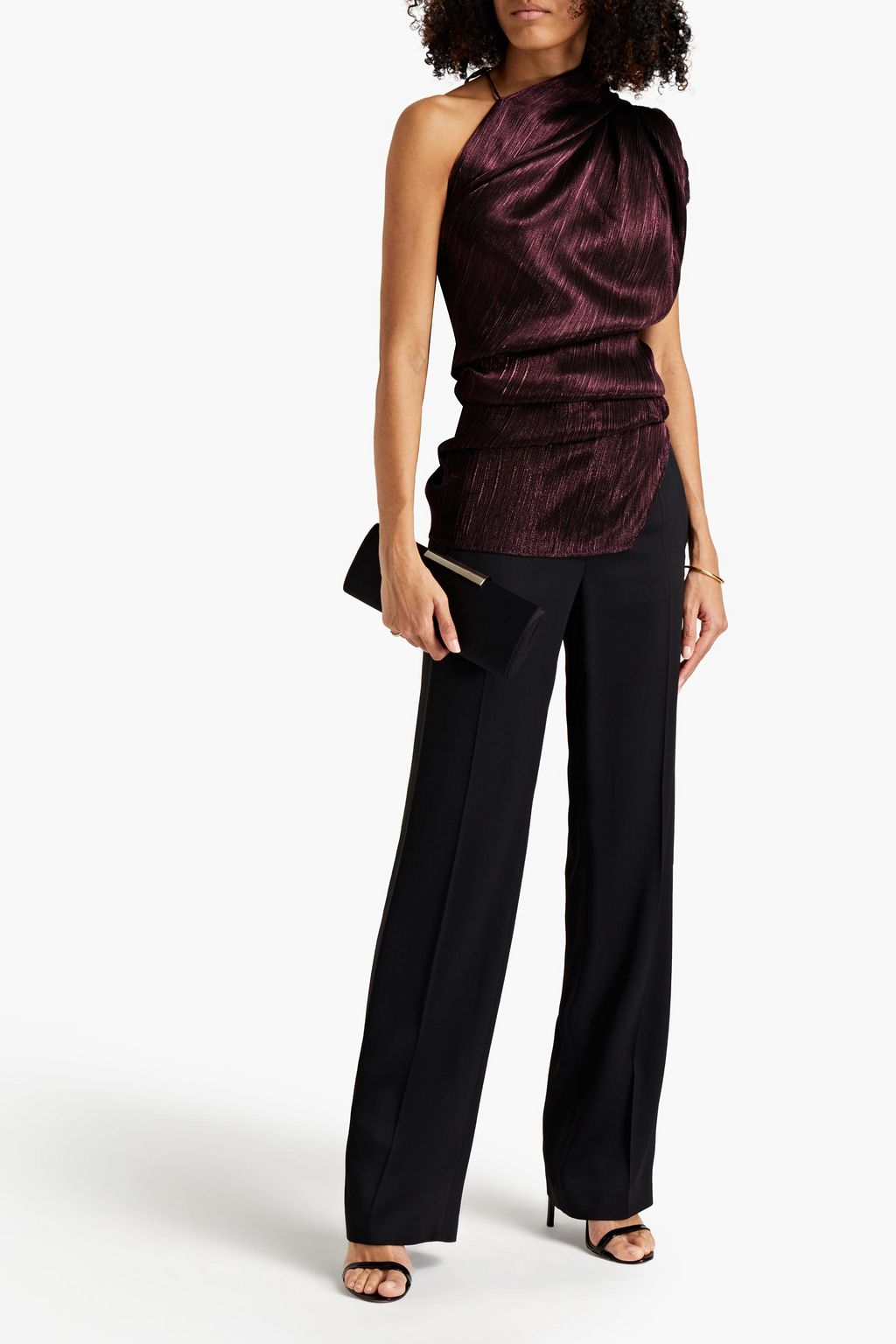 ROLAND MOURET Lyan one-shoulder metallic plissé silk-blend top