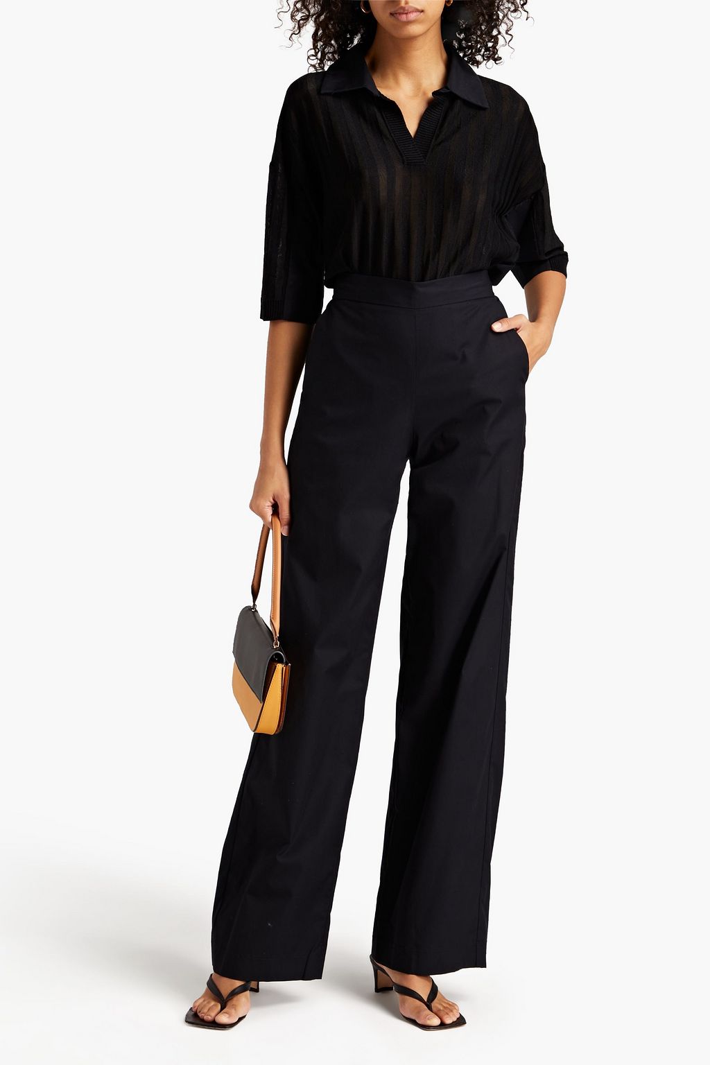 PIAZZA SEMPIONE Ribbed-knit and cotton-paneled polo shirt