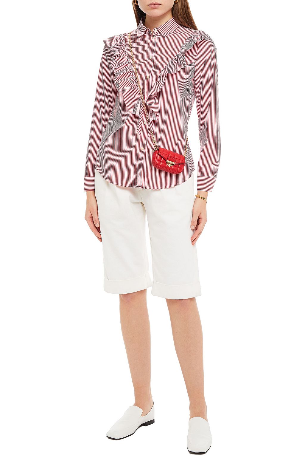 REDVALENTINO Ruffled striped cotton-poplin shirt