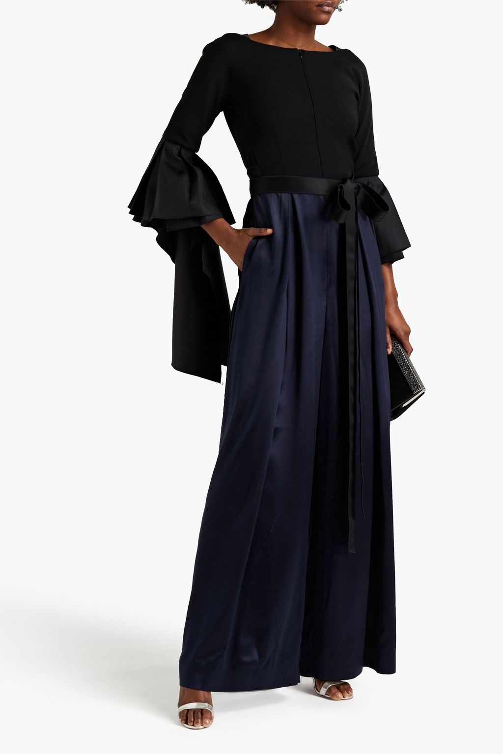 AMANDA WAKELEY Crepe-paneled pleated satin jumpsuit